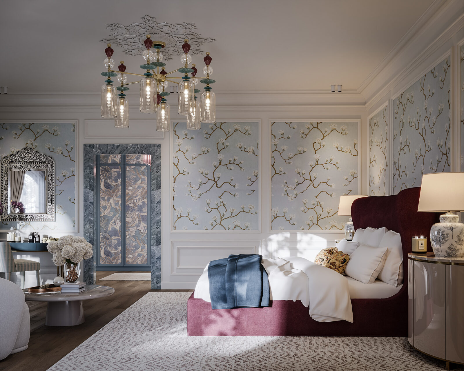 Luxury residential bedroom with silk wallpaper installation