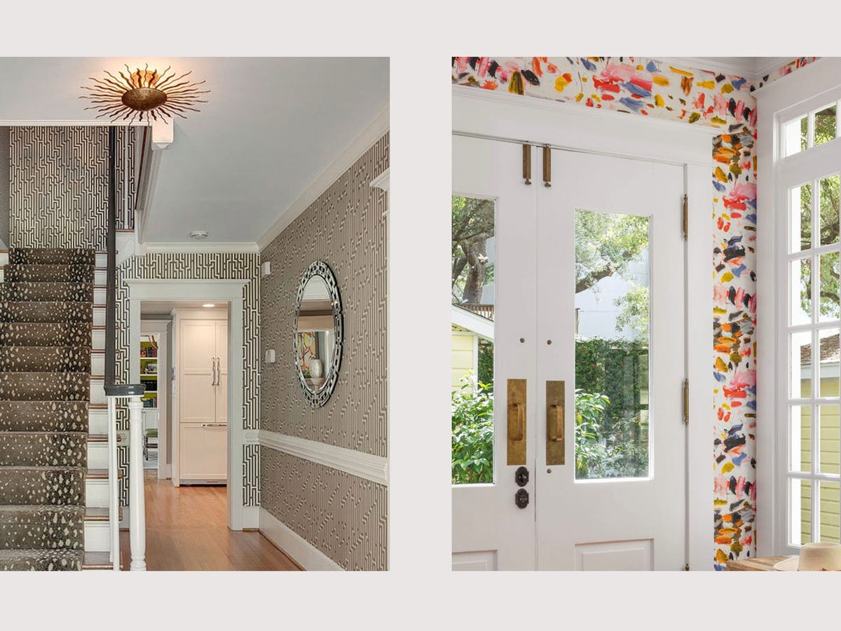 Grand foyer with luxury wallpaper in Los Angeles home