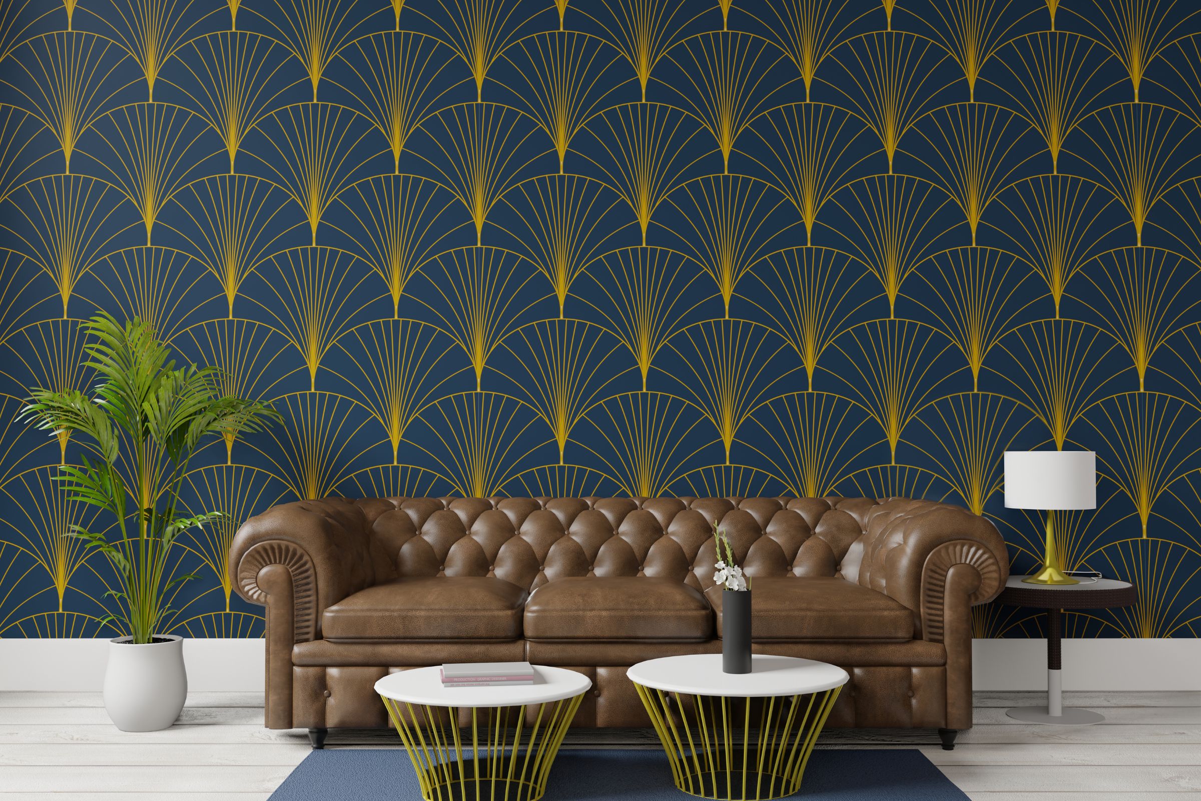 Luxury wallpaper installation in Los Angeles living room featuring elegant Art Deco pattern