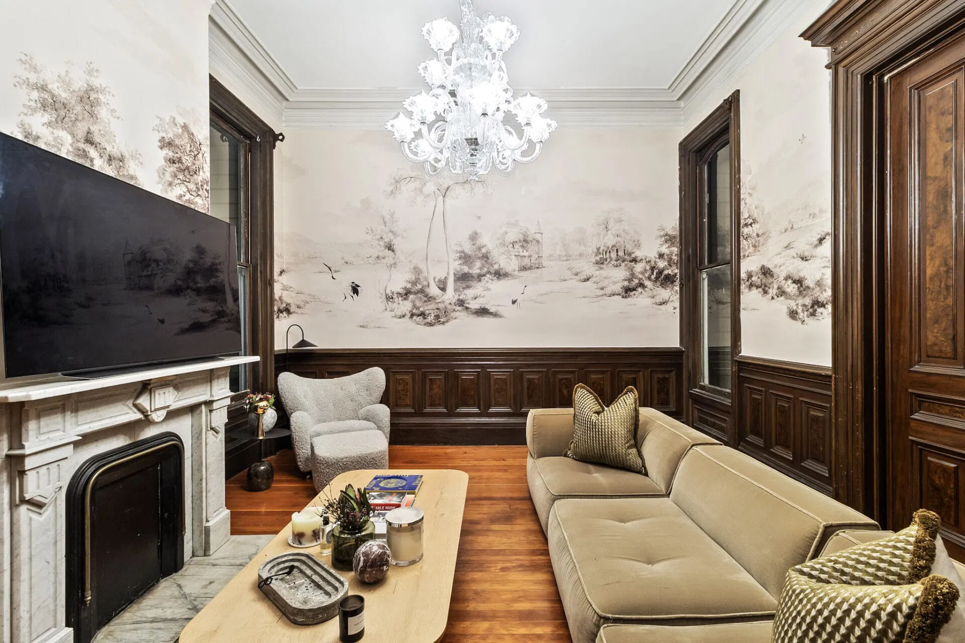 Elegant living room with professionally installed luxury wallpaper in Los Angeles home